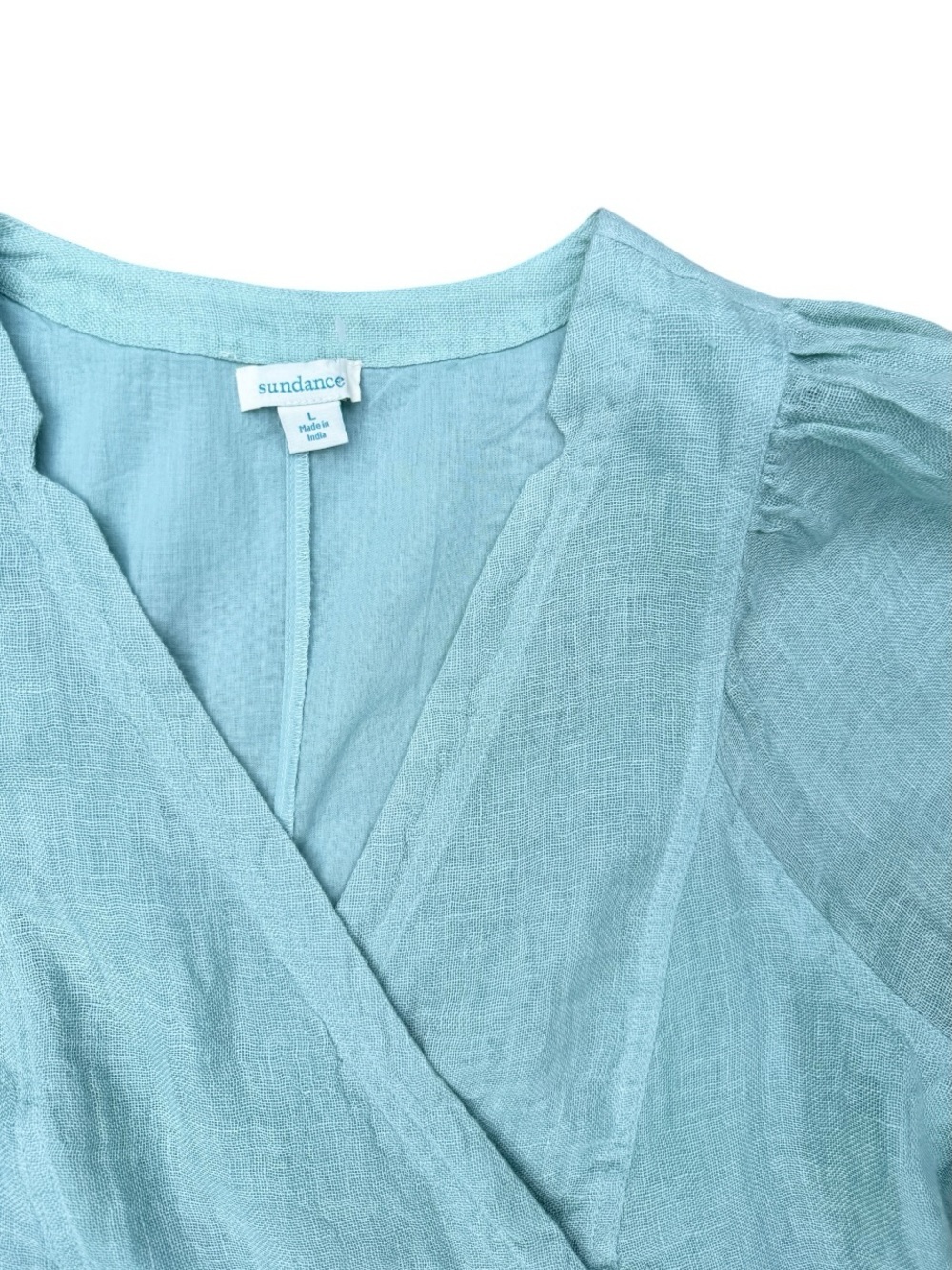 Sundance Seafoam Blue Linen Wrap Front Babydoll Mini Dress - L - Picture 3 of 7